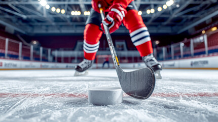 Close up of hockey player skating with stick and puck.. hockey player holding a hockey stick over an ice puck, ready to strike. The ice rink shows skate marks