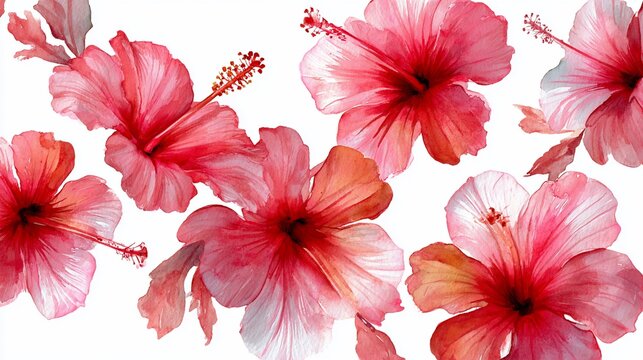 Watercolor painting of vibrant pink and red tropical hibiscus flowers