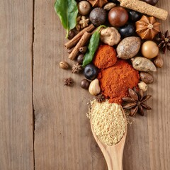 Spices and herbs assortment with wooden spoon on rustic wooden table background