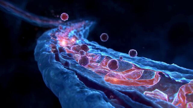 Scientific animation showcasing the selective filtration process of the glomerulus with luminous waste droplets migrating into the renal tubule system.