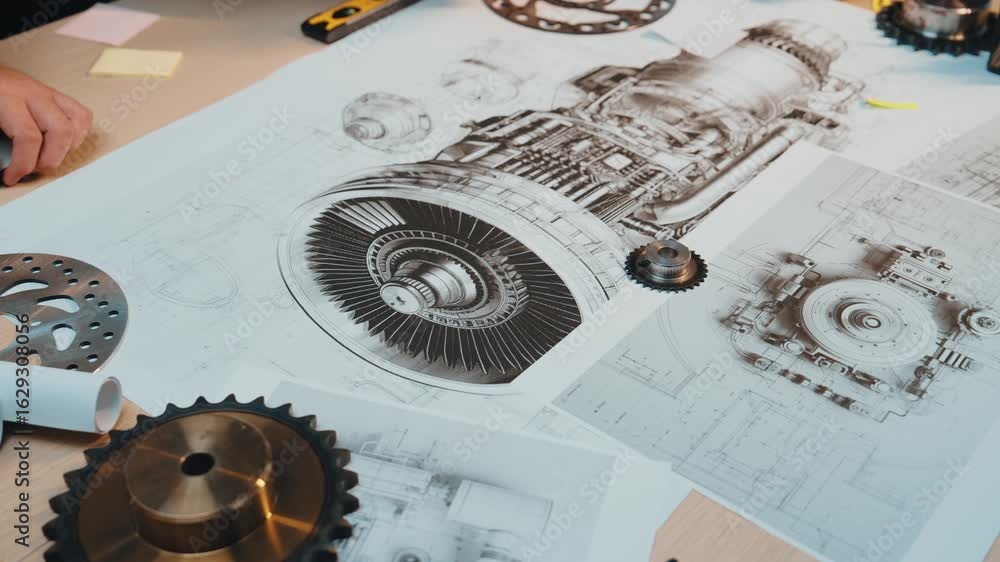 Poster engineers actively collaborate on mechanical design plans involving technical drawings and various p
