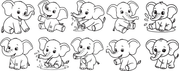 Obraz premium Collection of cute baby elephants in various poses for coloring