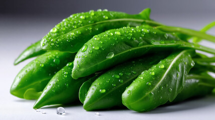 A bunch of green leaves with water droplets on them
