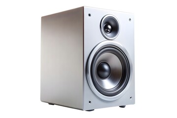 Obraz premium A modern silver audio speaker with a woofer and tweeter, isolated on white background, representing sound and music technology