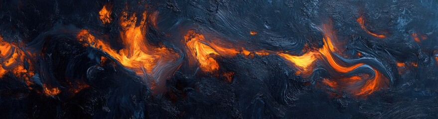 Abstract fiery swirls of orange and yellow flames dance across a dark, textured, possibly volcanic, surface
