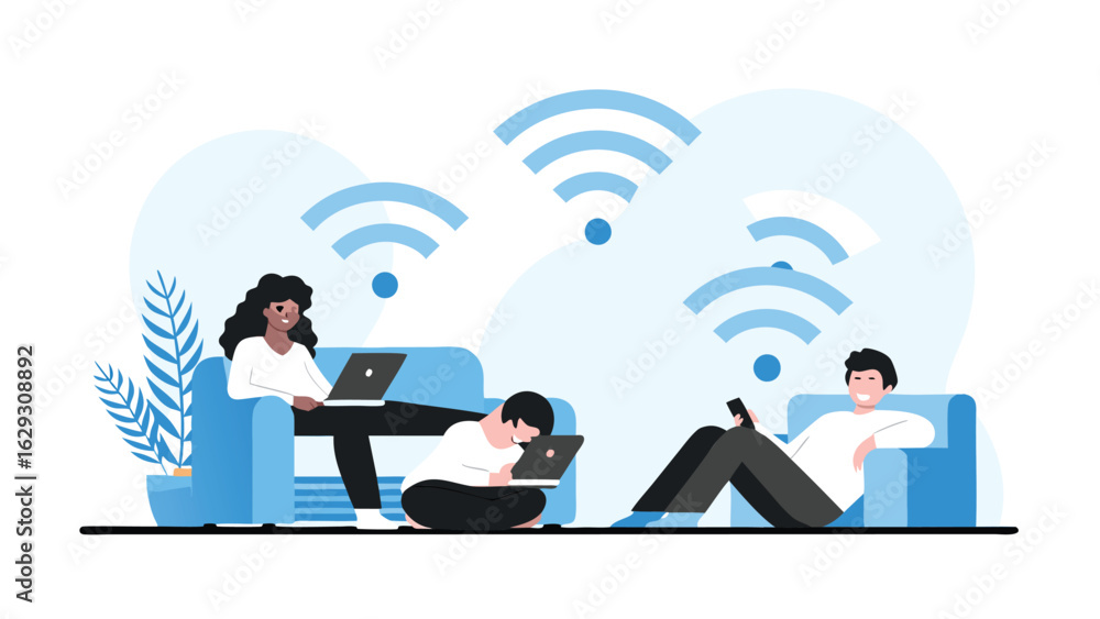 Aufkleber people using devices in a connected space with wifi signals above them and a plant in the background