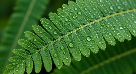 Emerald Veins: A Detailed Close-up of a Fern Frond, Its Delicate Pinnate Leaves Adorned with a Shimmering Array of Clear Raindrops.







