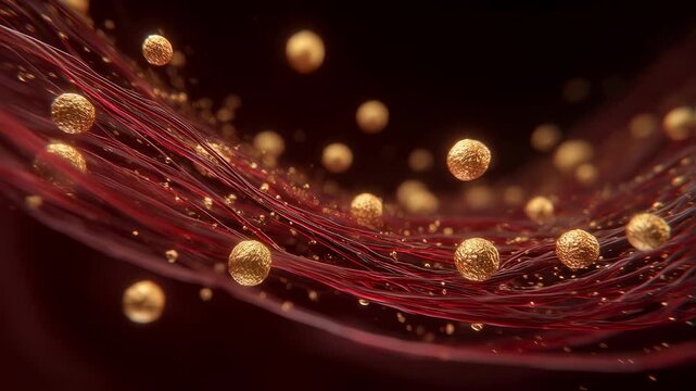 Animated sequence depicting golden LDL lipoproteins clustering and narrowing blood vessel pathways representing hyperlipidemia risks.
