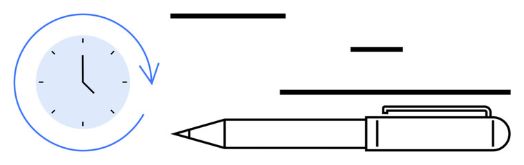 Clock with circular arrow beside a pen suggests time management, productivity, and decision-making. Ideal for planning, deadlines, organization, goals, focus, accountability simple landing page