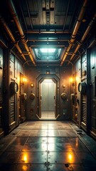 Dark, metallic corridor leading to a bright doorway, featuring industrial-style details and lighting