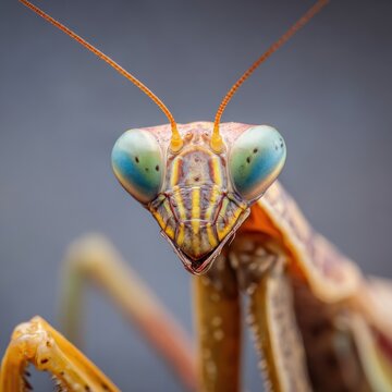 Vibrant Macro Portrait of a Praying Mantis with Blue Eyes and Yellow Stripes