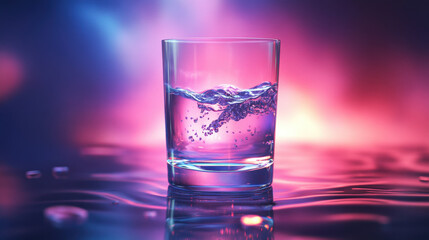 Splash in glass of water with purple blue neon light clean drink hydration freshness energy beverage ad and lifestyle product mockup