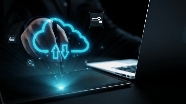 This image illustrates the modern cloud computing concept featuring a finger pointing to a digital cloud storage icon, emphasizing data transfer and connectivity. Qubit