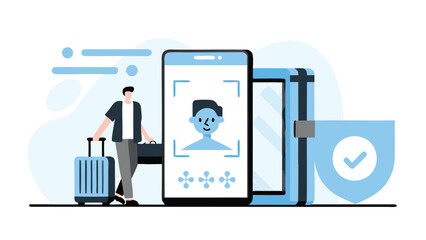 Illustration of a man with luggage using facial recognition on a mobile phone for security check