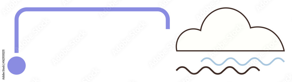 Poster minimalist design of a blue network line linking a node to a cloud above wavy lines. ideal for techn