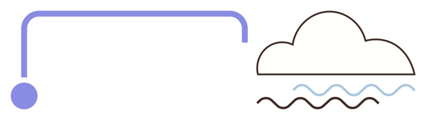Minimalist design of a blue network line linking a node to a cloud above wavy lines. Ideal for technology, data storage, networking, internet, communication, connectivity, modern tech processes