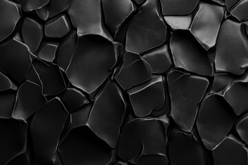 Abstract monochrome texture of dark, irregularly shaped, cracked and molded forms resembling a craggy, dark stone or hardened clay surface