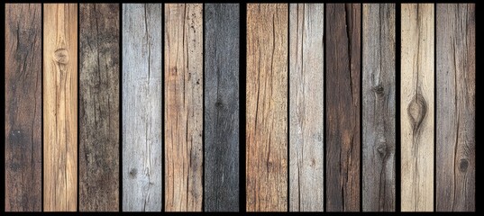 A close-up of numerous vertical, rustic wood planks, exhibiting diverse hues and textures, from light gray to dark brown, showcasing natural wood grain and weathered appearances