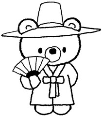 한복 곰돌이 부채 선 손그림 일러스트