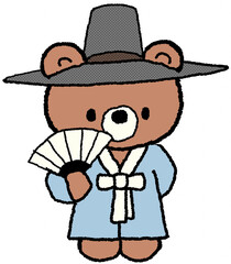 한복 갓 곰돌이 부채 손그림 일러스트