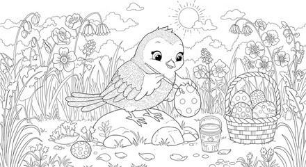 A cute little bird holds a decorated Easter egg in its beak in a spring meadow, a delightful coloring page for children