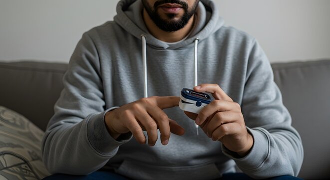 A man sitting on a couch checks his blood oxygen saturation and pulse rate with a fingertip pulse oximeter.