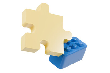 Fototapeta premium 3d jigsaw puzzle piece with blue lego brick. creative problem solving and teamwork concept. minimal style, isolated on white background. 3d render.