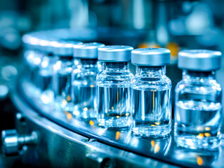 Bottled vaccines on a production line in a pharmaceutical factory