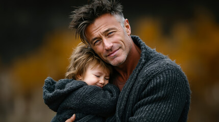 Fototapeta premium A man holding a small child in his arms