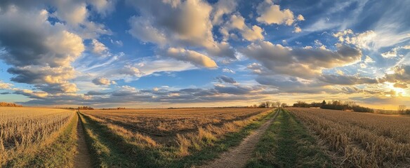 Panoramic sunset over a harvested field, a dirt road branches into two paths, leading towards a treeline under a dramatic, partly cloudy sky