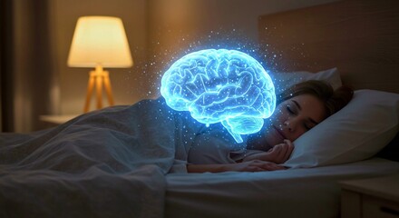 young man reading a book, Woman sleeps peacefully on bed in cozy bedroom. Glowing digital brain visualization above her shows neural activity, brain waves. Brain floats on boat in room, serene ambianc