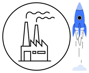 Factory with flowing smoke in a circular outline alongside a blue rocket launching skyward. Ideal for industry, innovation, growth, sustainability, productivity, startup, success, simple flat