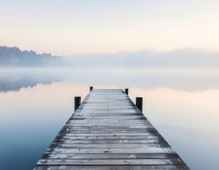 Naklejka premium Lakeside Pier with Morning Mist