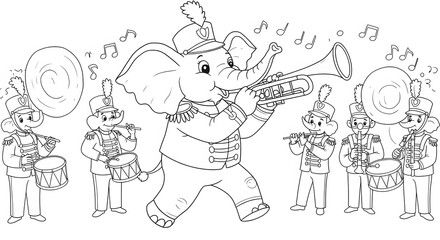 Adorable elephant marching band playing musical instruments in a parade, a fun coloring page activity for children