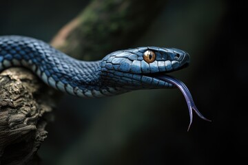 Obraz premium Close-up of a dark-blue snake with iridescent scales, its tongue extended, perched on a weathered, dark-brown tree branch against a blurred, shadowy background. Its orange eye is striking