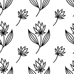 Fototapeta premium Simple black and white line art floral pattern with delicate blooming flowers and leaves
