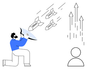 Individual holding shield deflecting missiles labeled DDOS towards a target. Ideal for cybersecurity, online protection, risk management, IT infrastructure, digital safety, data security, simple flat