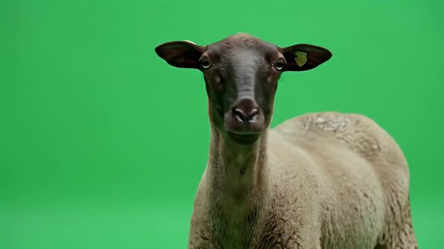 Curious Young Sheep with Dark Face Looking at Camera on Isolated Green Screen Background for Easy Compositing