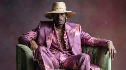 A man in a pink suit and hat sitting on a green chair