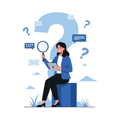 A businesswoman holding a tablet and magnifying glass sits in front of a large question mark, researching and seeking answers to problems.