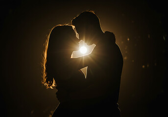 Silhouette of couple embracing in bright light
