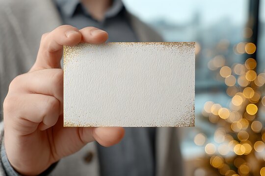 Man holding a blank white card with decorative gold glitter border