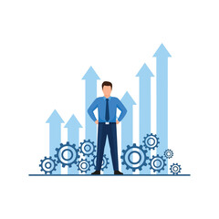 A confident businessman stands in front of gears and rising arrows, symbolizing growth and success.