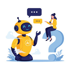 A woman sitting on a large question mark chats with a friendly AI robot assistant for online support.
