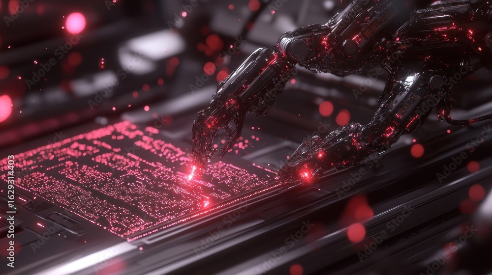 Poster futuristic robotic hands interact with glowing data