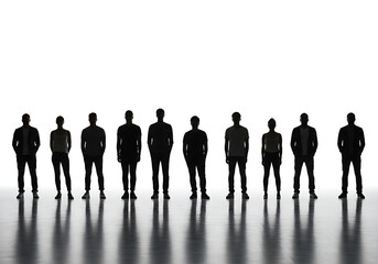 Silhouettes of people standing in a row light