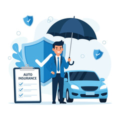A man holds an umbrella over a car, symbolizing protection with an auto insurance policy clipboard and shield.