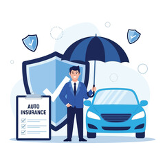A confident insurance agent holds an umbrella, standing between a car and a large shield, representing auto insurance protection and security.