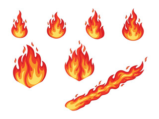 A collection of stylized cartoon fire and flame illustrations in various shapes and sizes, including a streaking fireball.