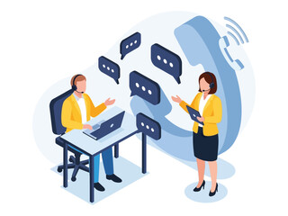 Call center agents with headsets providing customer service and technical support, communicating with clients via laptops and tablets.